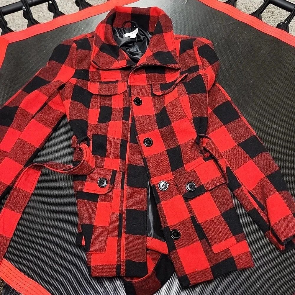 Bongo red Buffalo plaid pea coat. Size S.#2